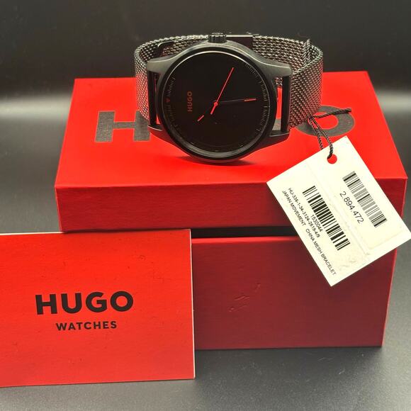 HUGO Move 1530044 Men’s Black Minimalist Mesh Bracelet Watch – Red Accent Dial - Picture 3 of 17